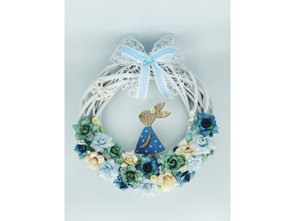 Velikonoční věnec na dveře se zajíčkem modrý